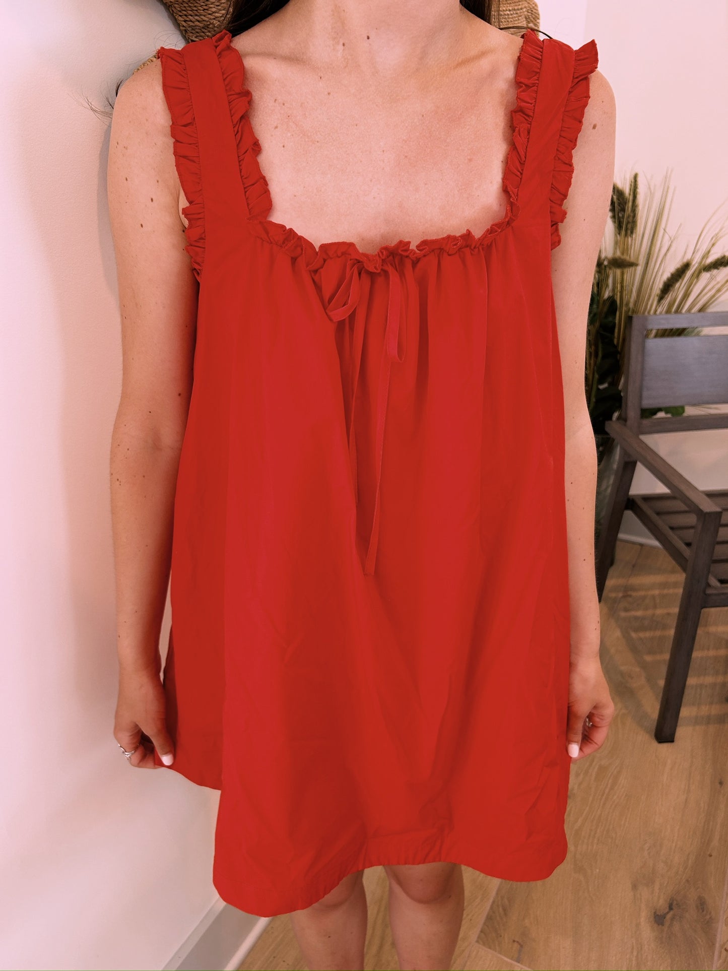RUFFLED SQUARE NECK FLARE DRESS