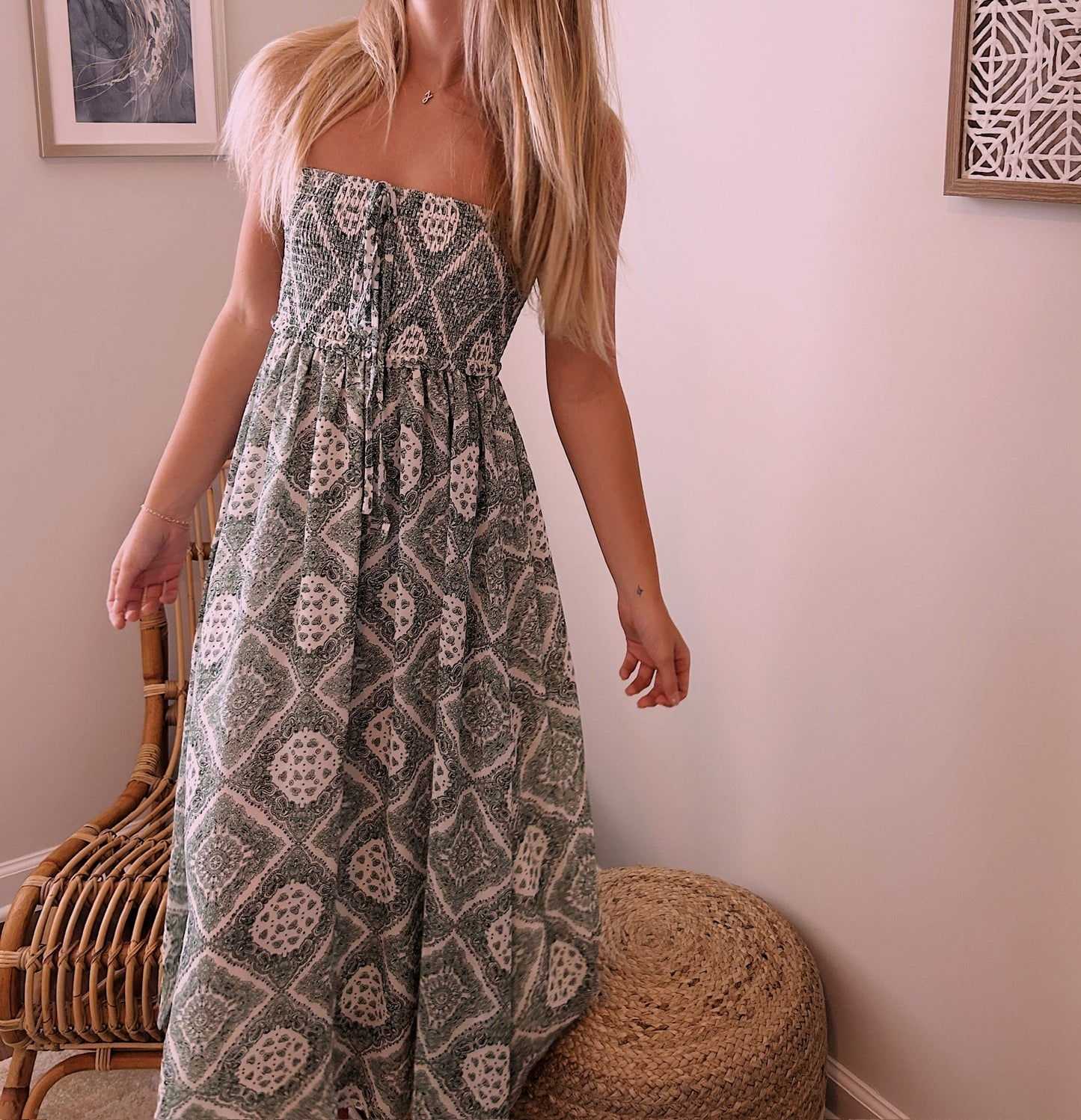 GEO PRINT SMOCKED HALTER DRESS