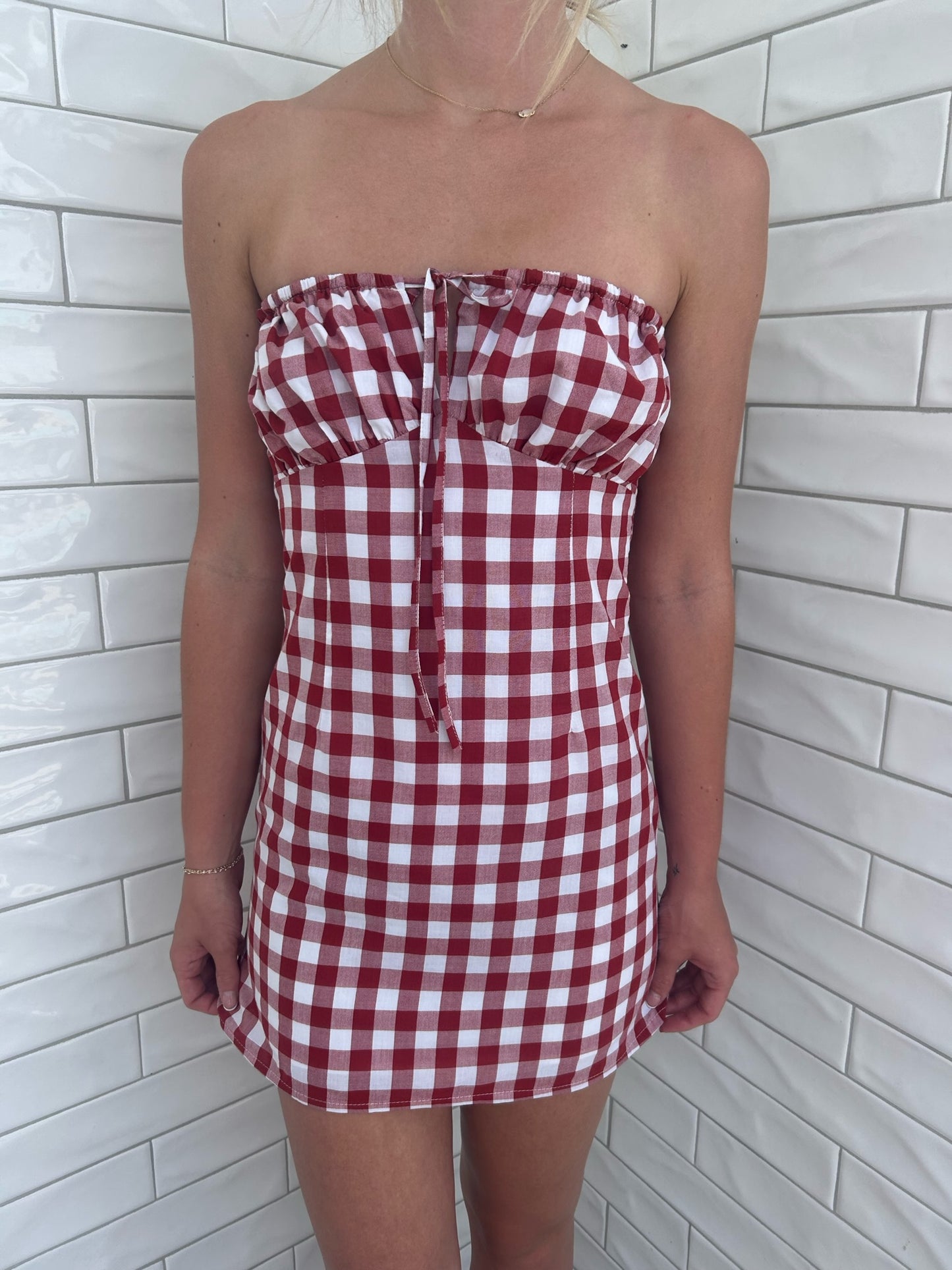 STRAPLESS TIE UP DETAIL CHECK MINI DRESS