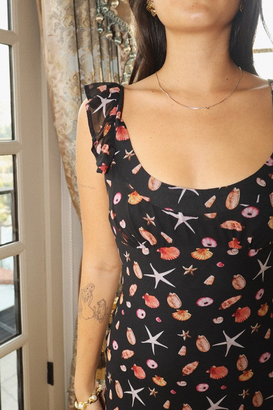 SEASHELL BLACK RUFFLE DETAIL DRESS