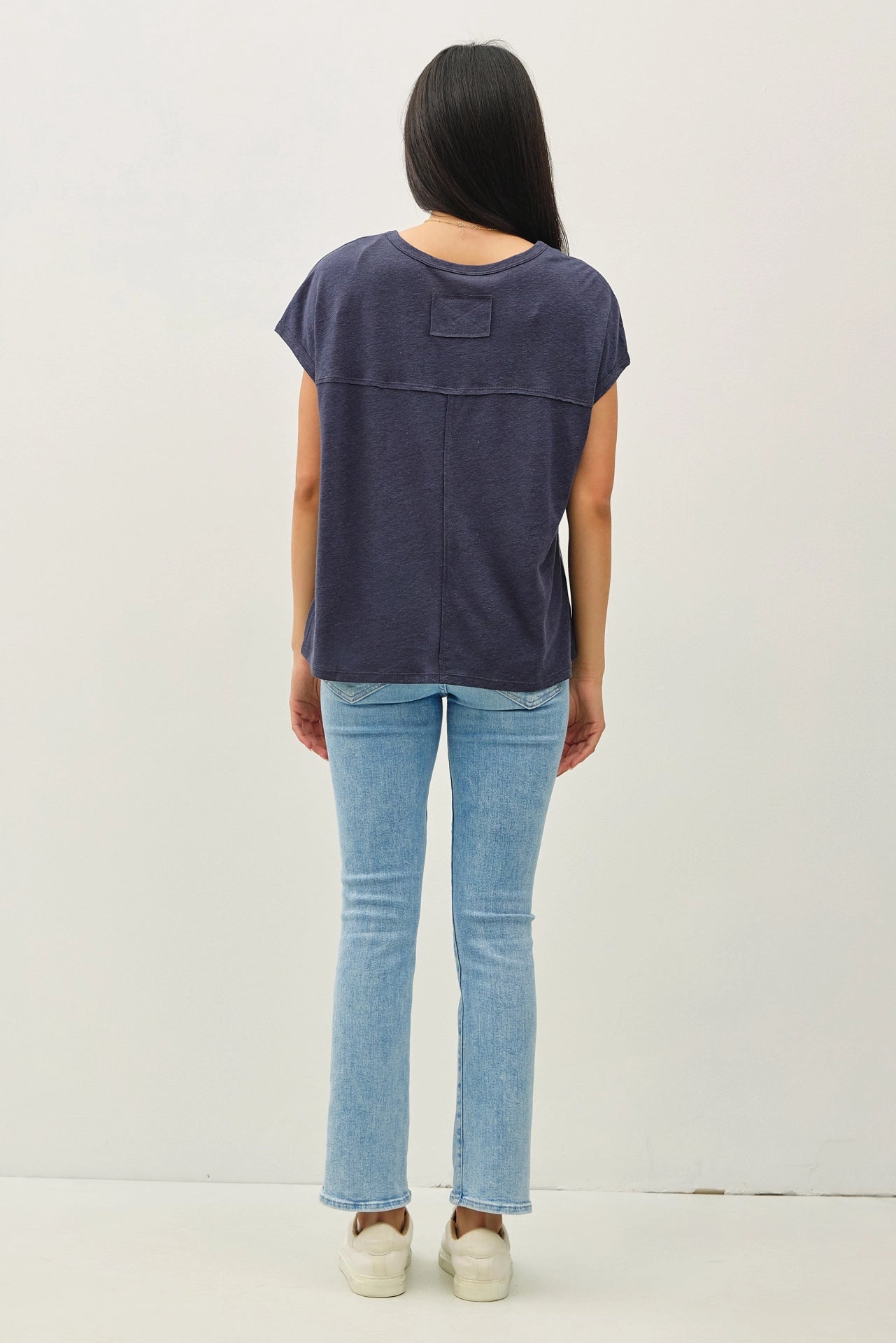 LINEN BLENDED BASIC CAP SLEEVE BOXY TEE