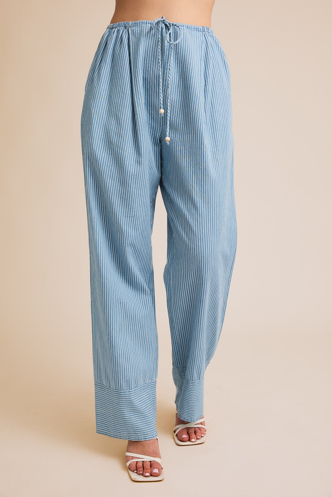 DRAW STRING WAIST STRIPE CHAMBRY PANTS