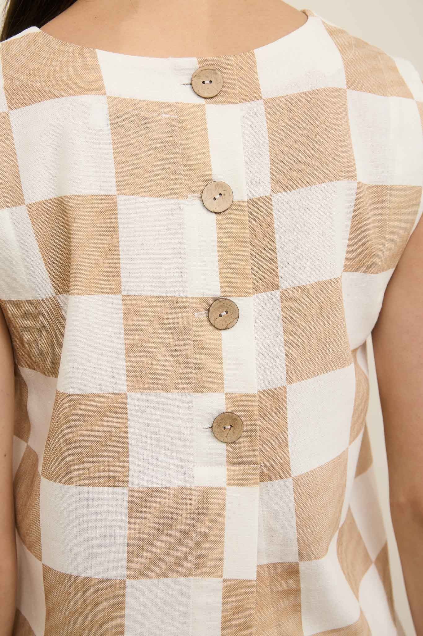 CHECKERED SLEEVELESS LINEN CROP TOP