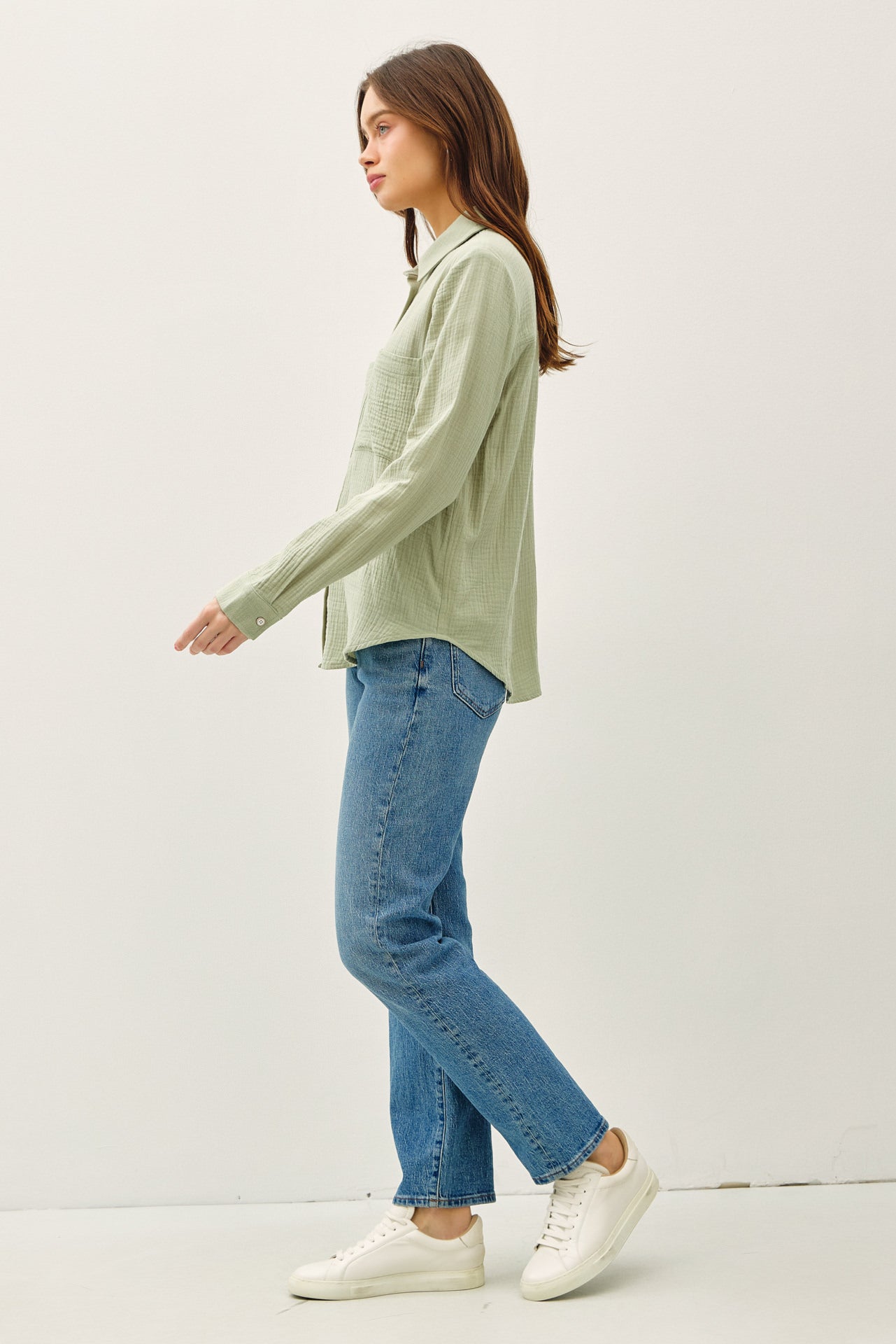 COTTON GAUZE LONG SLEEVE BUTTON UP