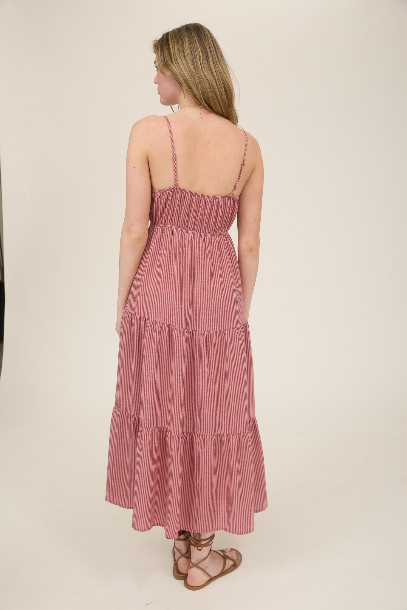 STRIPE FRONT TIE CUT-OUT TIERED MIDI SUNDRESS