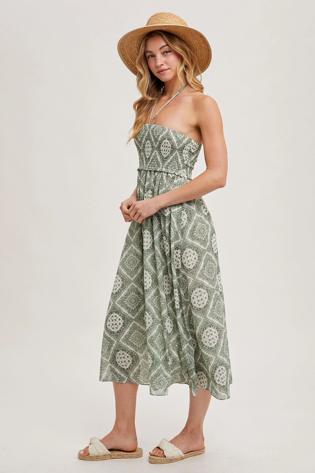 GEO PRINT SMOCKED HALTER DRESS