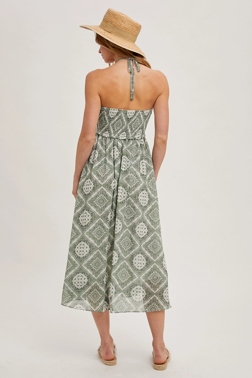 GEO PRINT SMOCKED HALTER DRESS