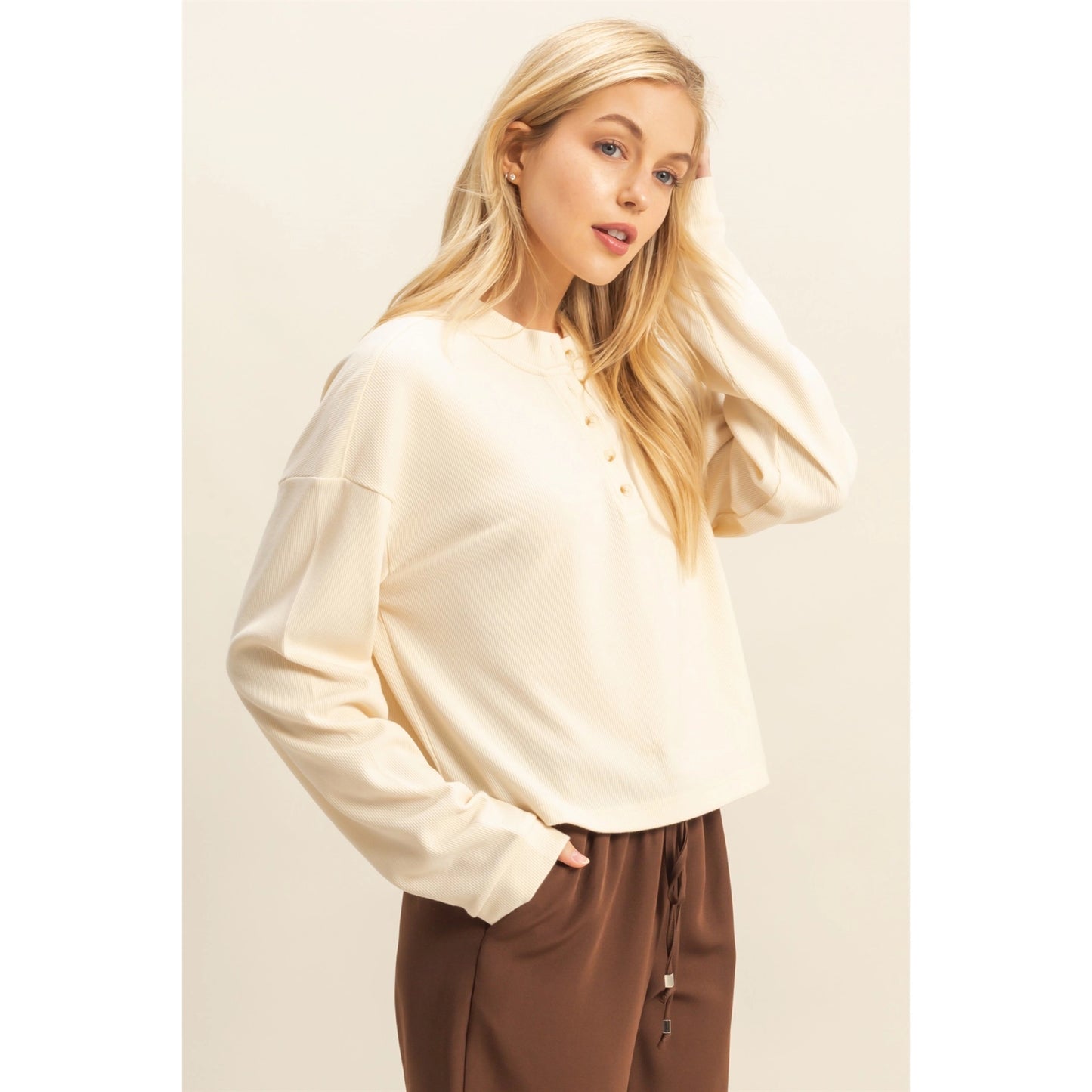 MINERAL WASHED LONG SLEEVE HENLEY TOP