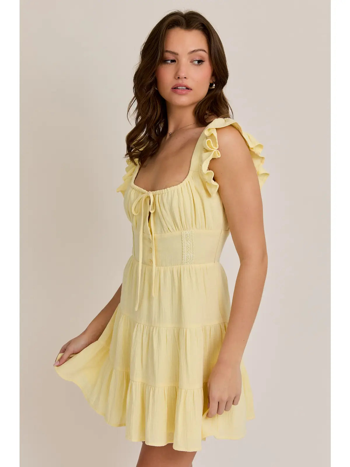 RUFFLE SHOULDER LACE TRIM MINI DRESS