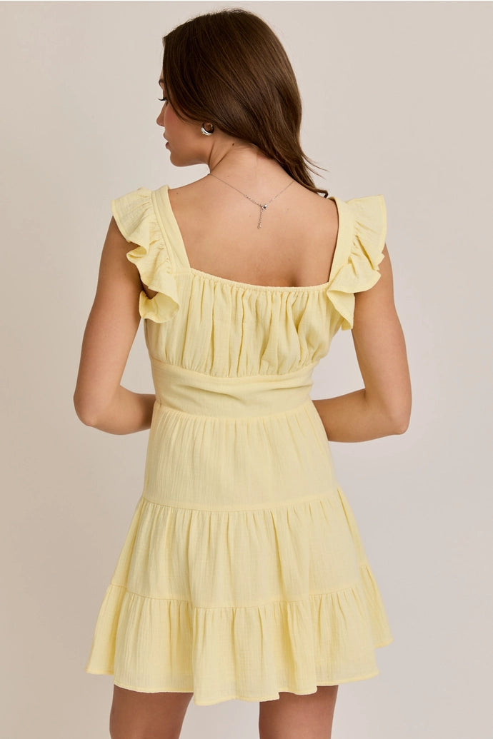 RUFFLE SHOULDER LACE TRIM MINI DRESS