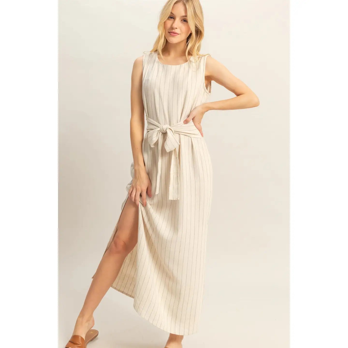 STRIPED RAYON LINEN SIDE SLIT MAXI
