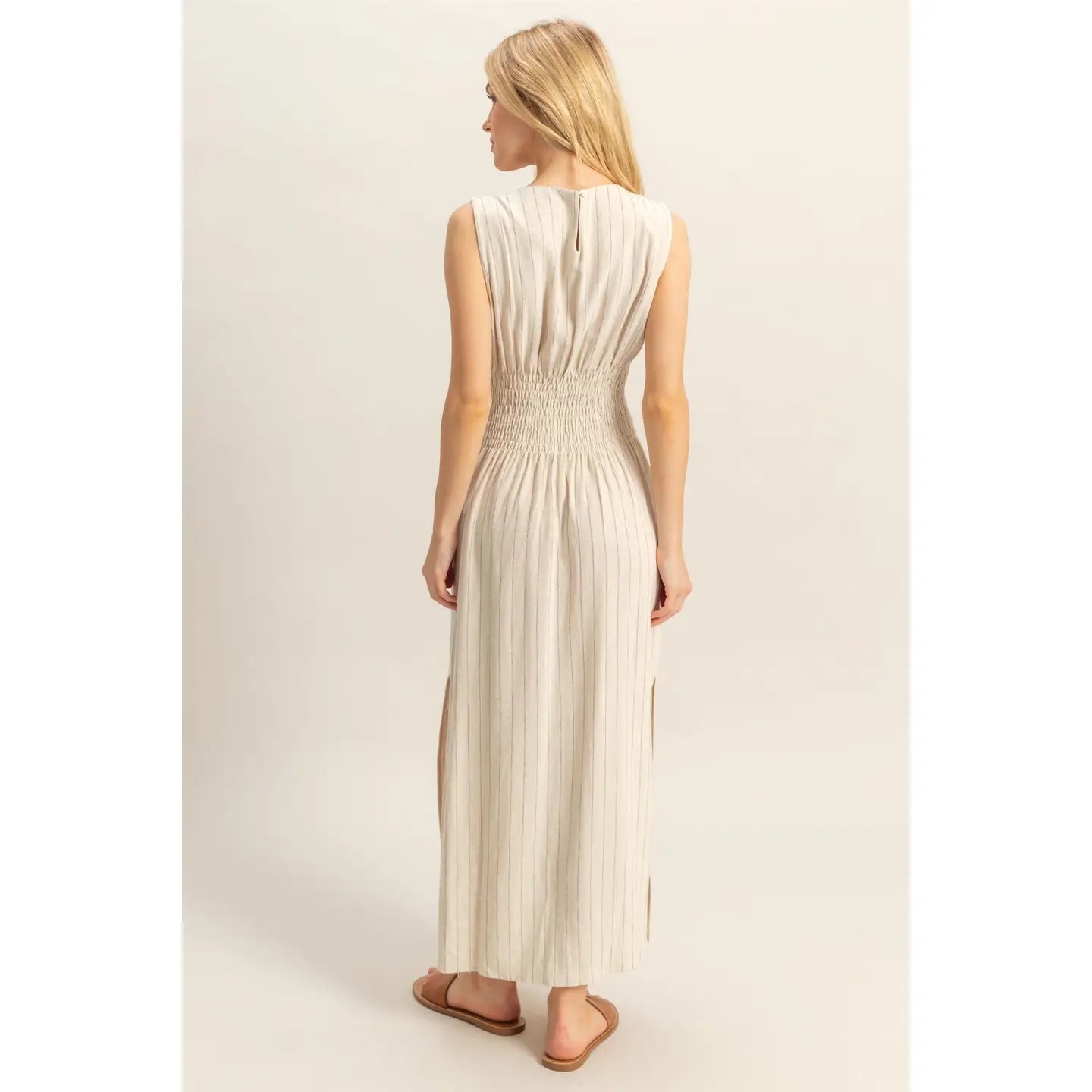 STRIPED RAYON LINEN SIDE SLIT MAXI