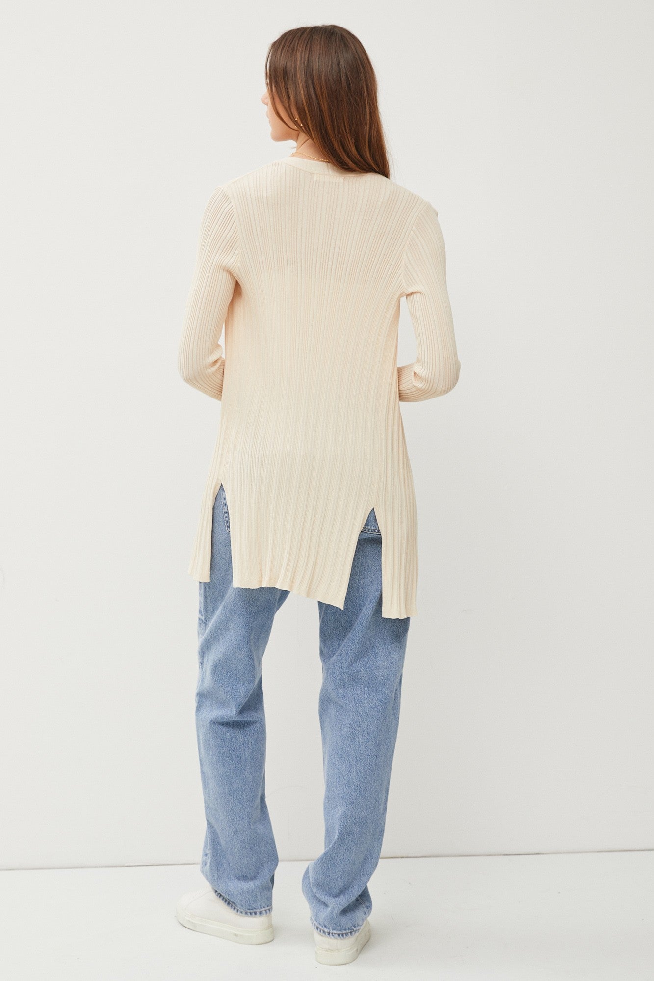 OPEN FRONT BACK SLIT RIBBED KNIT LONG CARDIGAN