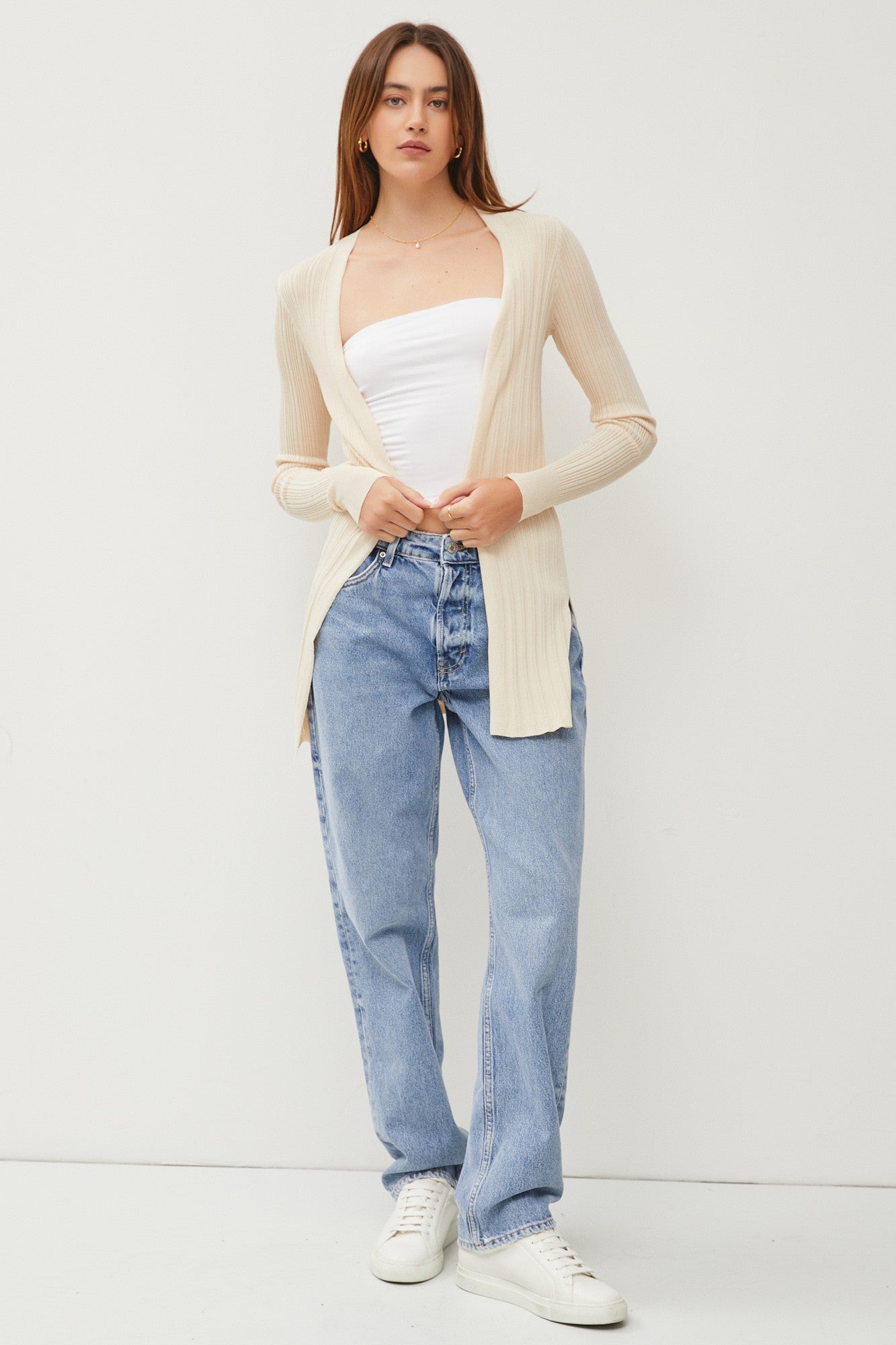 OPEN FRONT BACK SLIT RIBBED KNIT LONG CARDIGAN