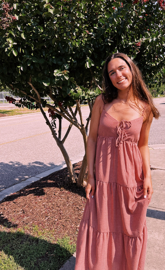 STRIPE FRONT TIE CUT-OUT TIERED MIDI SUNDRESS