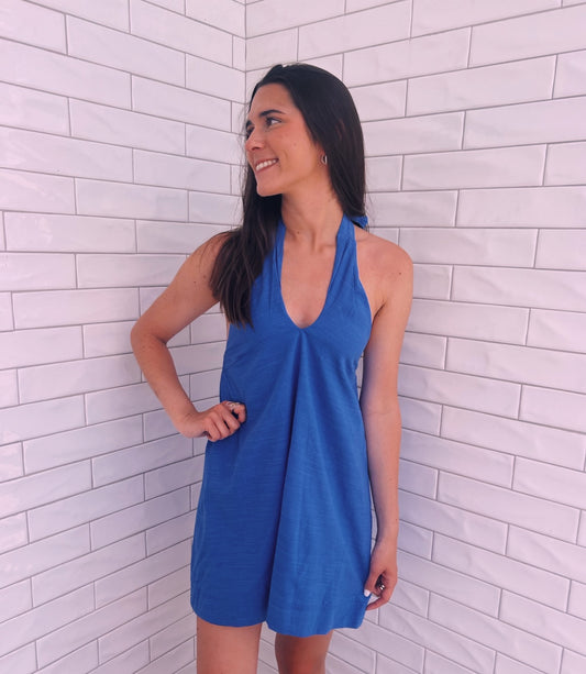 HALTER NECK STITCH DETAIL MINI DRESS