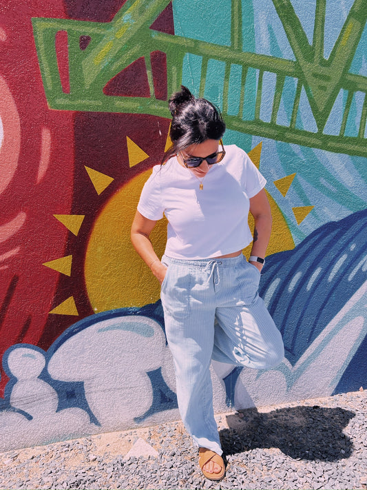 DRAW STRING WAIST STRIPE CHAMBRY PANTS