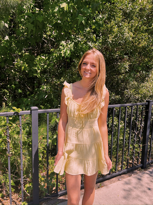 RUFFLE SHOULDER LACE TRIM MINI DRESS