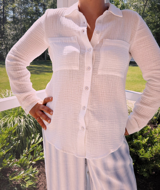 COTTON GAUZE LONG SLEEVE BUTTON UP SHIRT