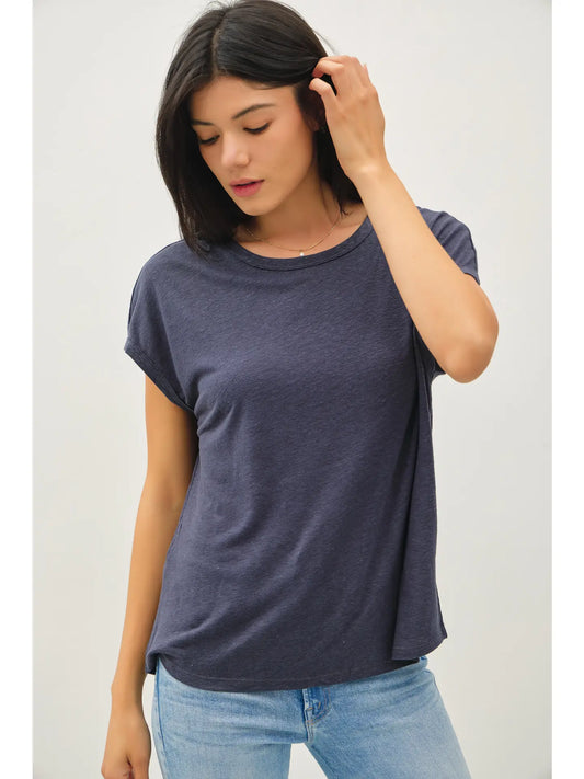 LINEN BLENDED BASIC CAP SLEEVE BOXY TEE