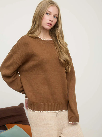 CONTRAST STITCH TRIM CREWNECK PULLOVER