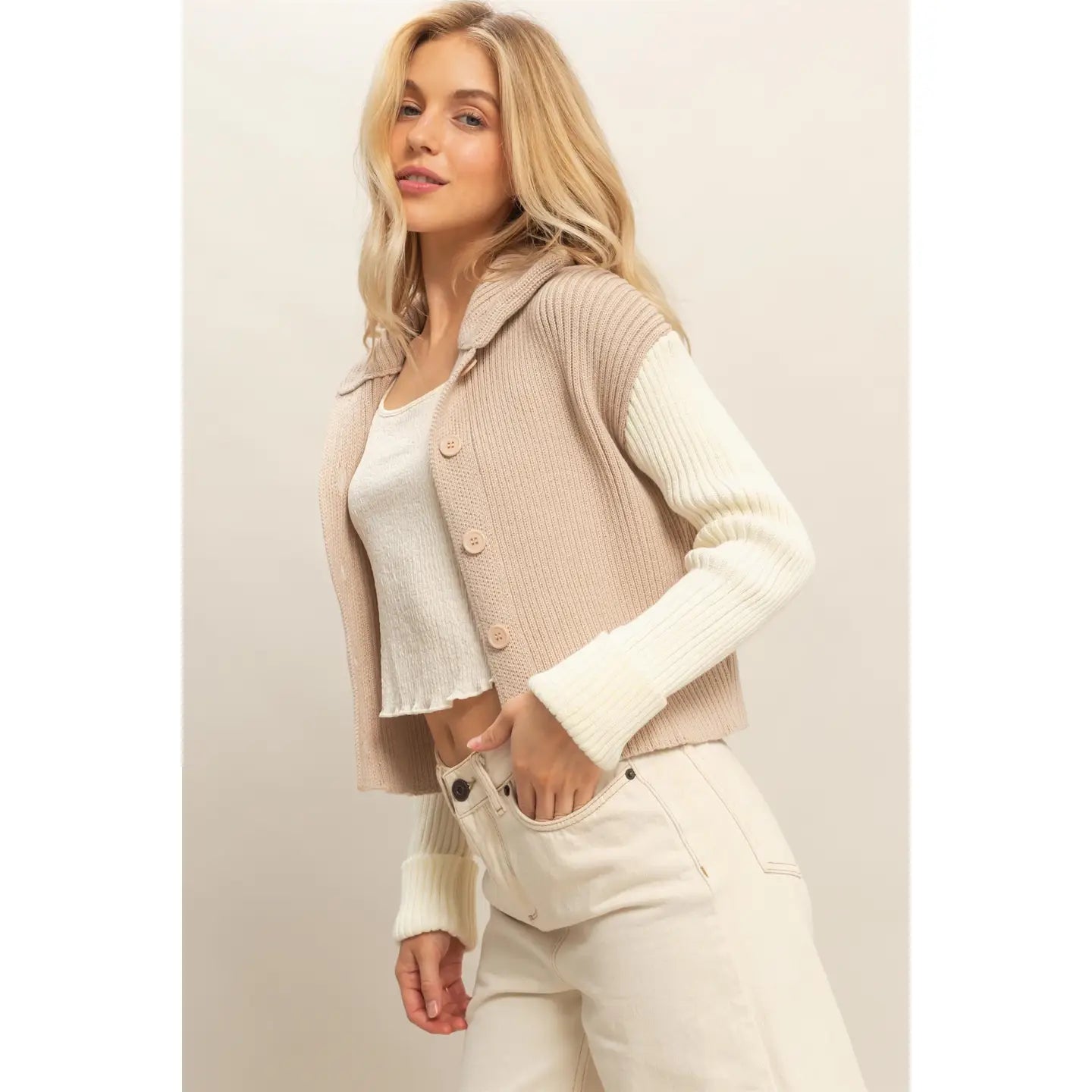 CONTRAST SLEEVES SWEATER CARDIGAN
