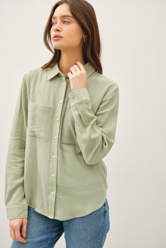 COTTON GAUZE LONG SLEEVE BUTTON UP