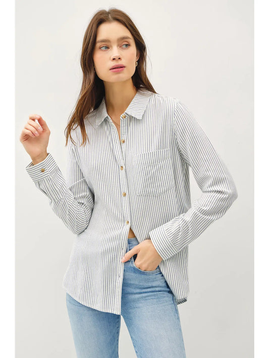 PINSTRIPE COTTON LONG SLEEVE BUTTON UP SHIRT