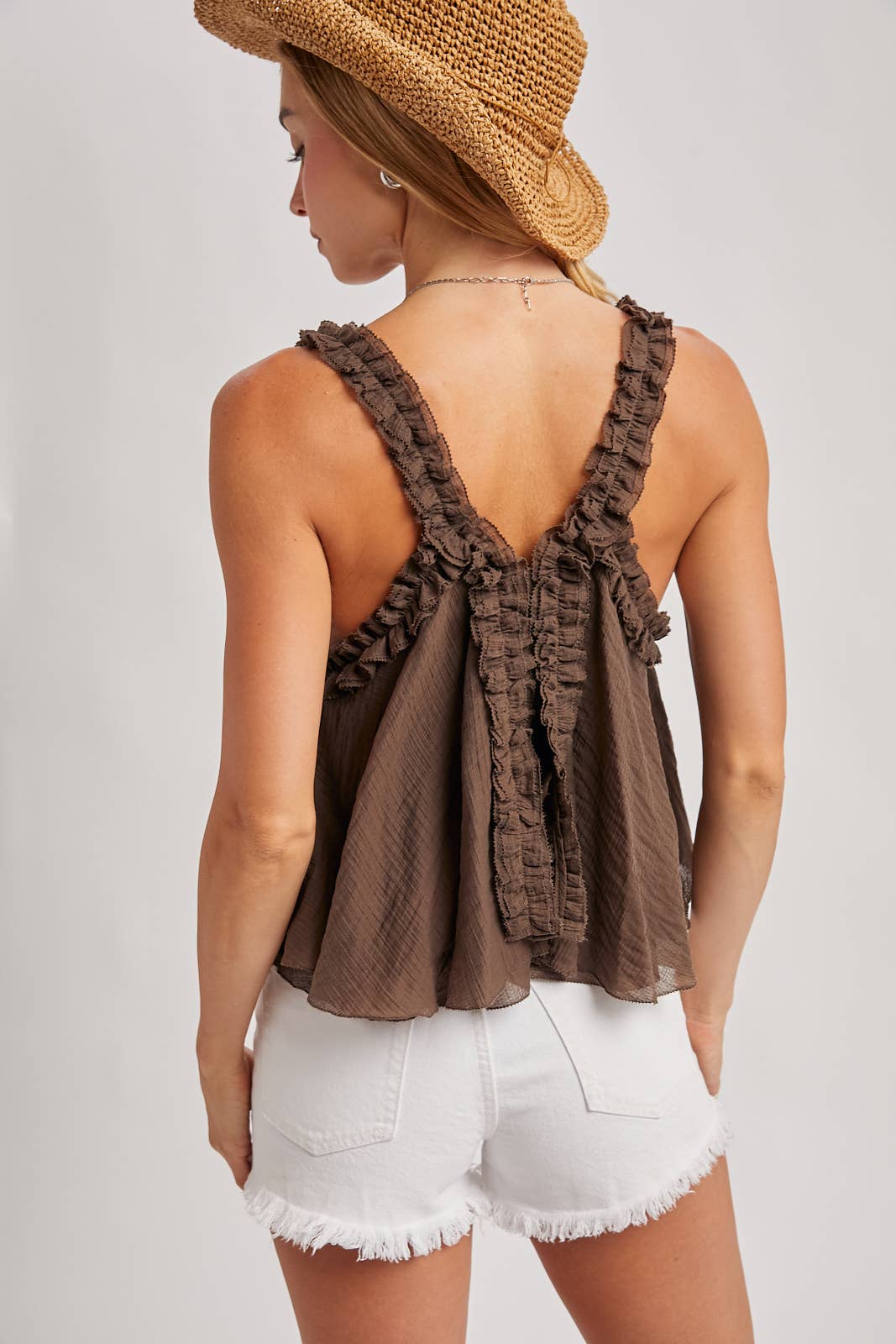 GATHERED STRAP RAW-EDGE FLOWY TOP