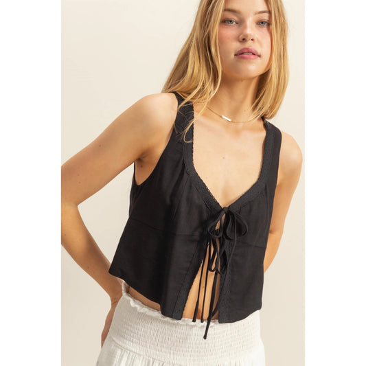 SWEETHEART NECK FRONT TIE SLEEVELESS LINEN TOP
