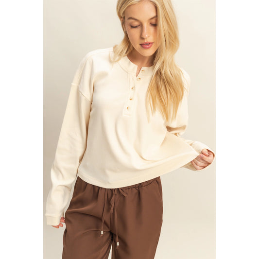 MINERAL WASHED LONG SLEEVE HENLEY TOP
