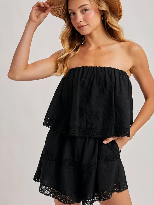 STRAPLESS EMBROIDERED TRIM JUMPSUIT
