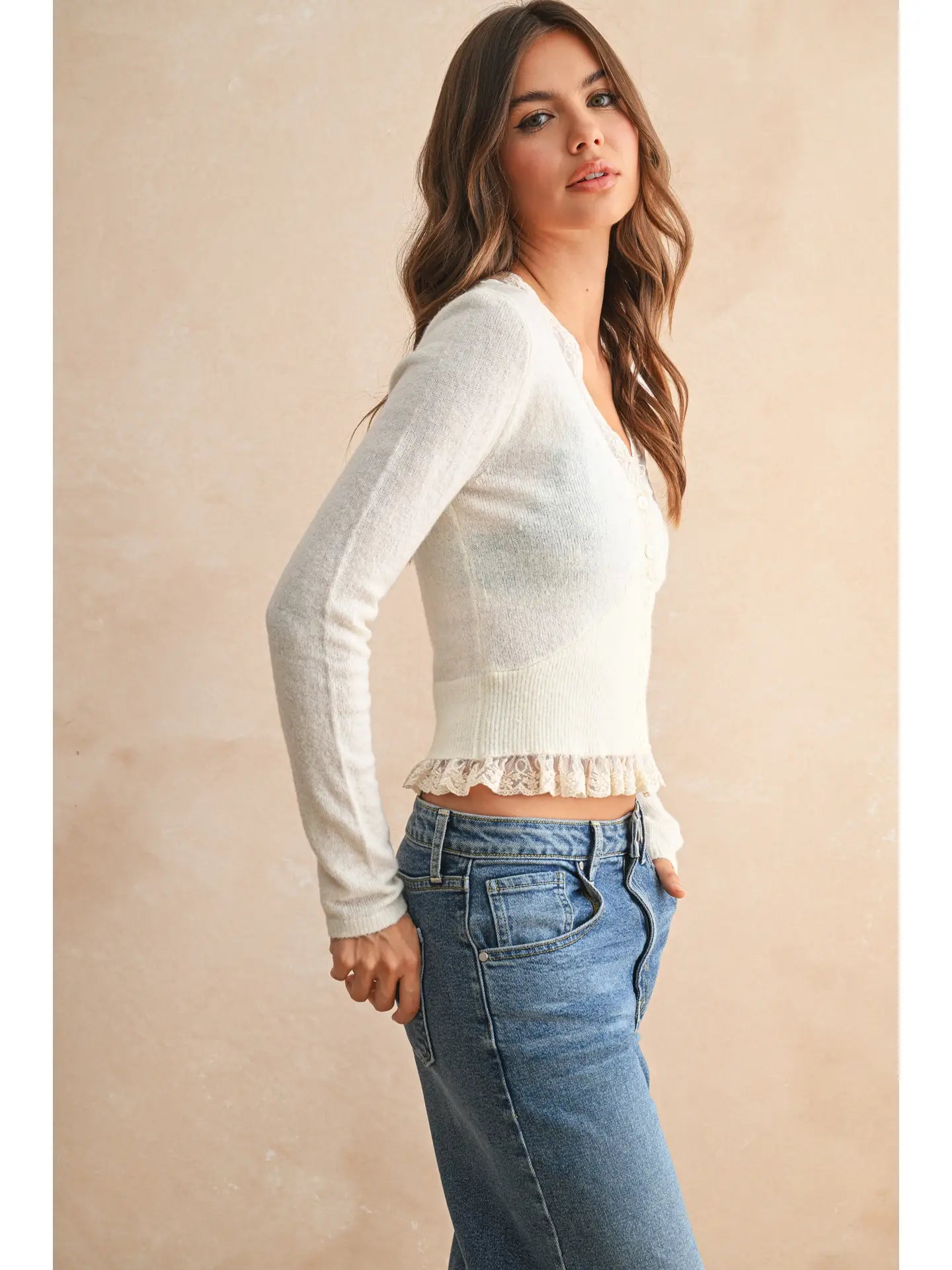 LACE CONTRASTED KNITTED CARDIGAN