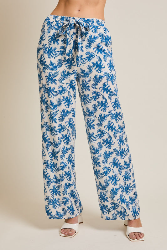 WAIST ELASTIC FRONT SELF TIE FLORAL PANTS