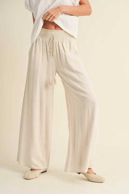COTTON LINEN SMOCKED WAIST PANTS