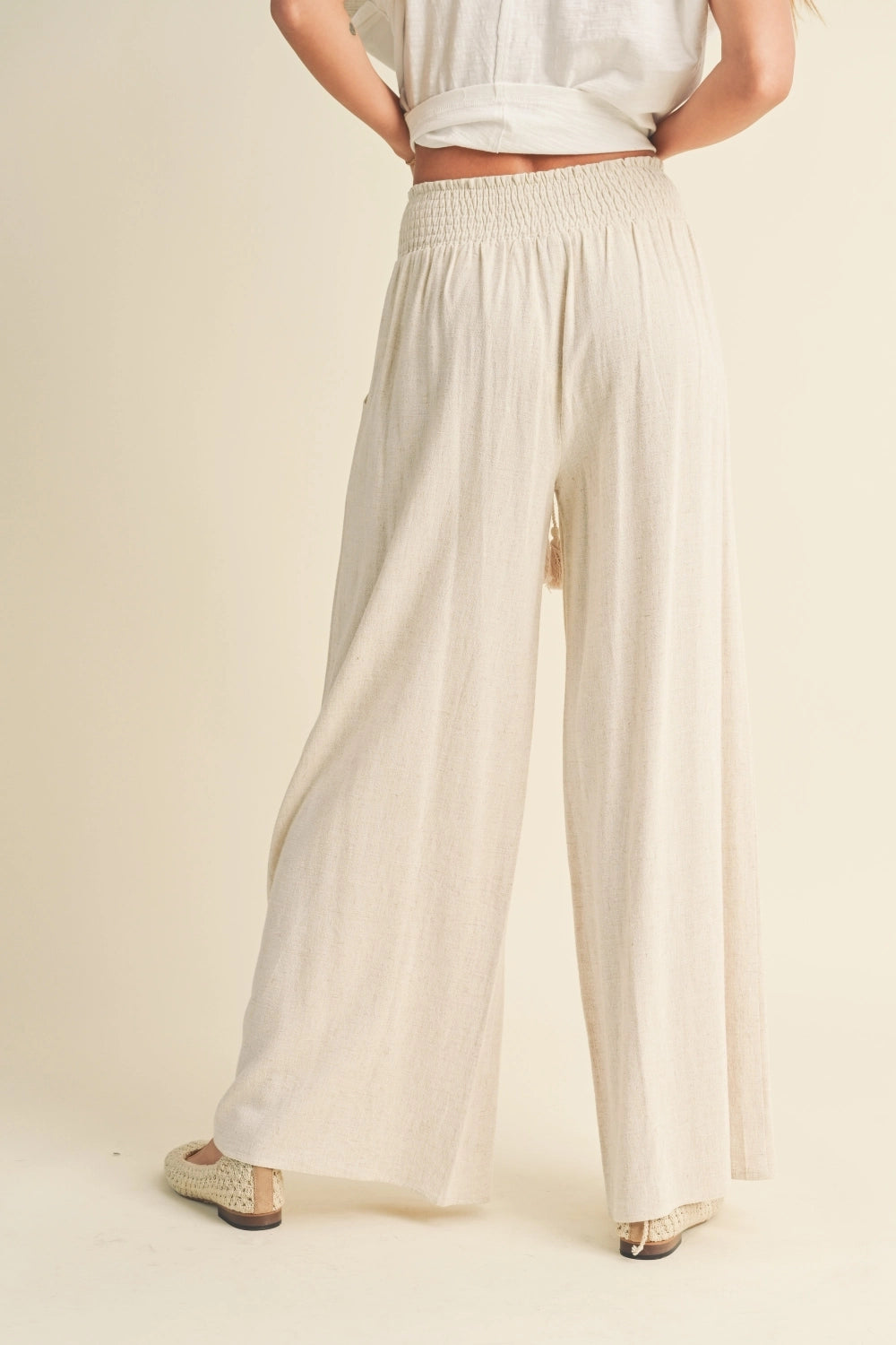 COTTON LINEN SMOCKED WAIST PANTS