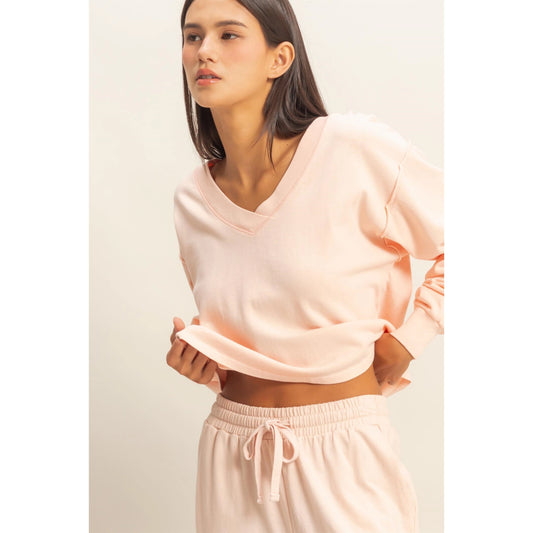 V NECK LONG SLEEVE CROP TOP