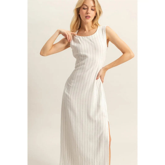 STRIPED RAYON LINEN SIDE SLIT MAXI
