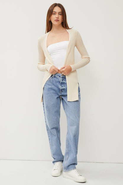 OPEN FRONT BACK SLIT RIBBED KNIT LONG CARDIGAN