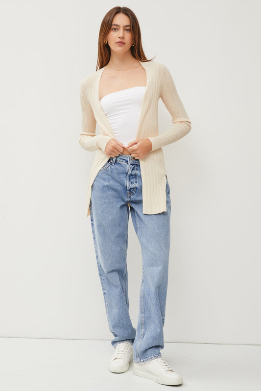 OPEN FRONT BACK SLIT RIBBED KNIT LONG CARDIGAN