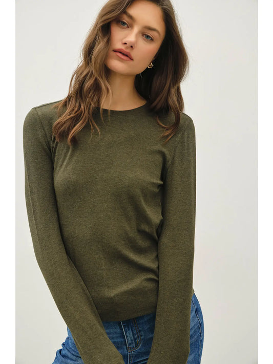 RIBBED CREWNECK LONG SLEEVE BASIC TOP
